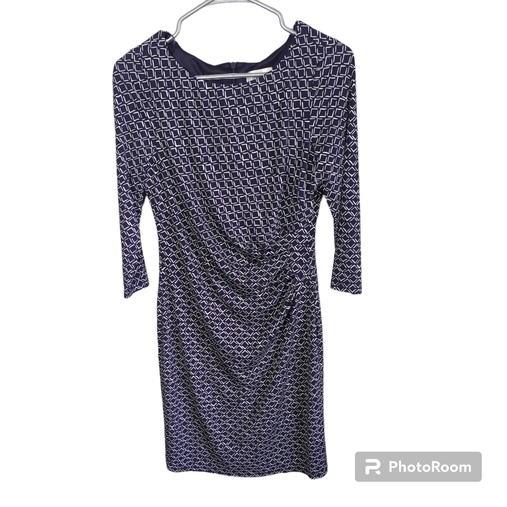 Eliza J 3/4 Sleeve Lined Side Ruched Dress Navy/White Size 8